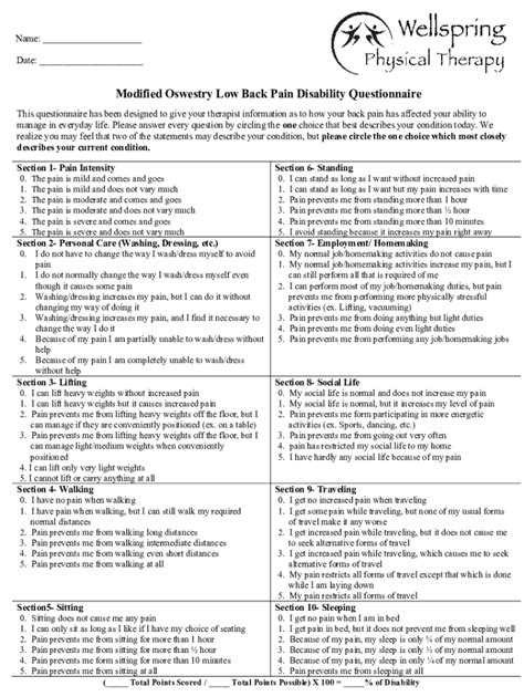 Fillable Online Wellspring Physical Therapy Modified Oswestry Low