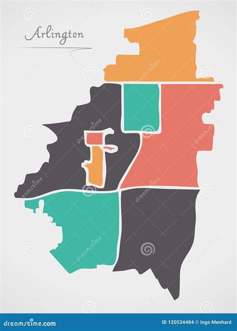 Arlington Texas Map with Neighborhoods and Modern Round Shapes Stock