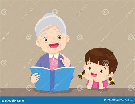 The Grandmother Reading Book For The Grandchildren On The Table To