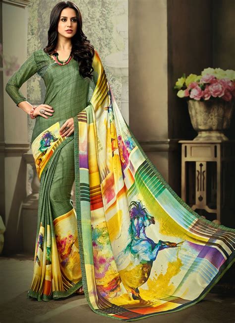 Multi Colour Print Work Printed Saree Saree Designs Trendy Sarees