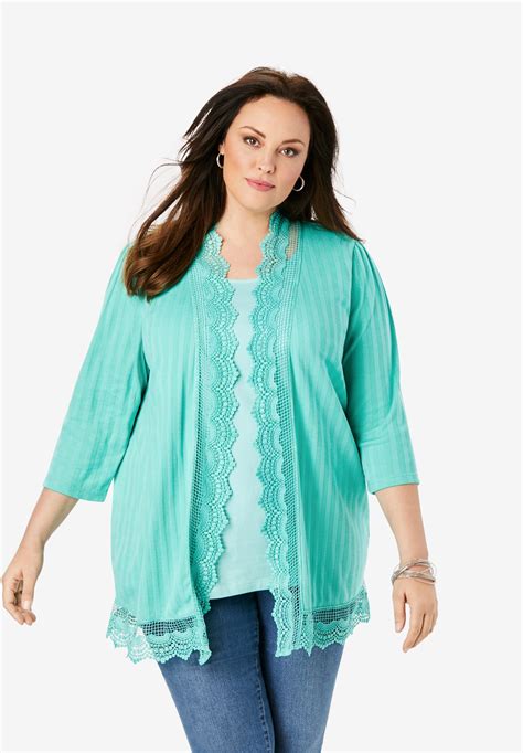 Crochet Trim Cardigan Plus Size Cardigans Roamans