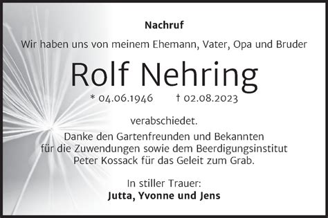 Traueranzeigen Von Rolf Nehring Abschied Nehmen De