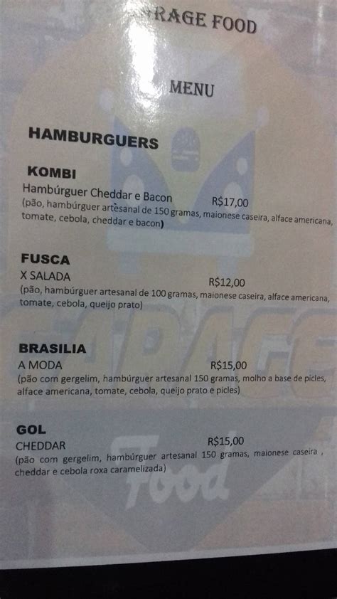 Menu at GARAGE FOOD restaurant, São Paulo, R. Frederico Rene de Jaeghor