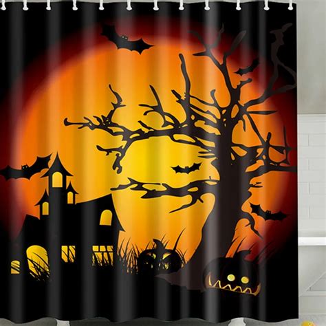 Halloween Shower Curtain Scary Night Pumpkin Tree Castle Shower