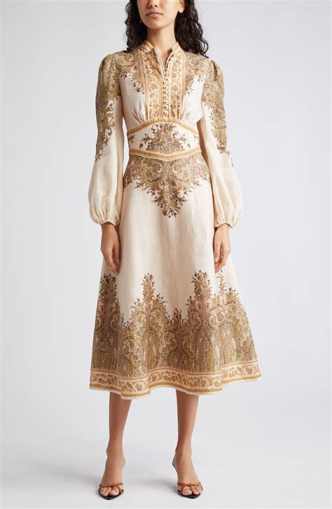 Zimmermann Natura Floral Paisley Long Sleeve Linen Midi Dress In