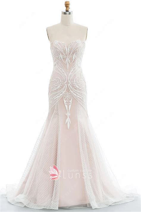 Modern Nude Pink Geometric Lace Mermaid Wedding Dress Lunss