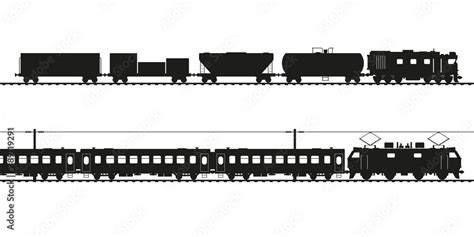 Freight train and passenger train black vector silhouette Stock Vector ...