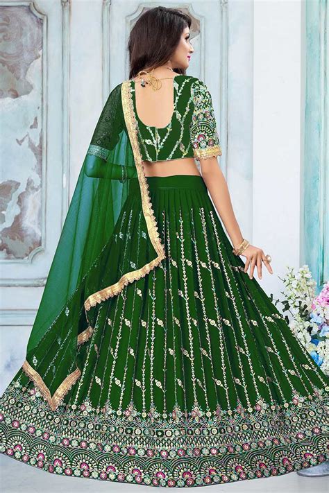 Custom Fit Dark Green Georgette Embroidered Lehenga Llcv