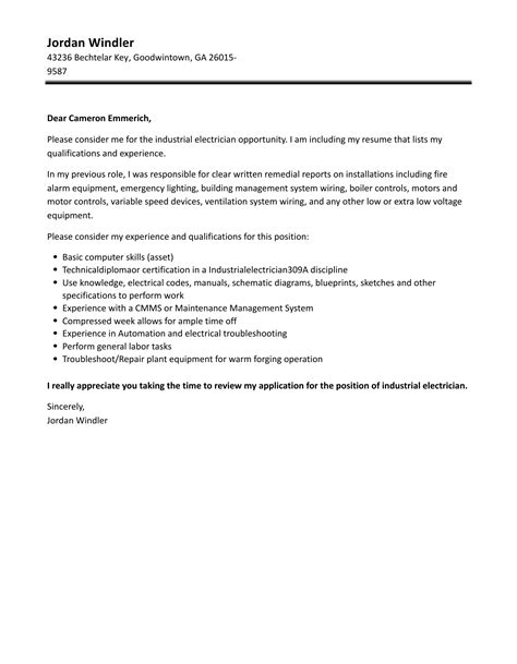 Industrial Electrician Cover Letter Velvet Jobs