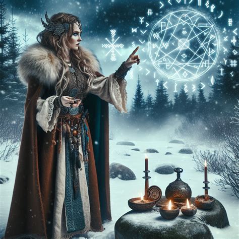 norse witch   snowy landscape invoking norse gods  runes