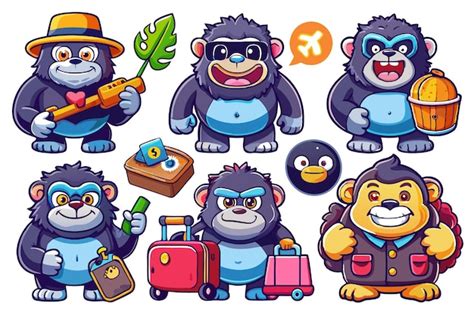 Seven Cute Cartoon Gorillas With Different Accessories And Expressions