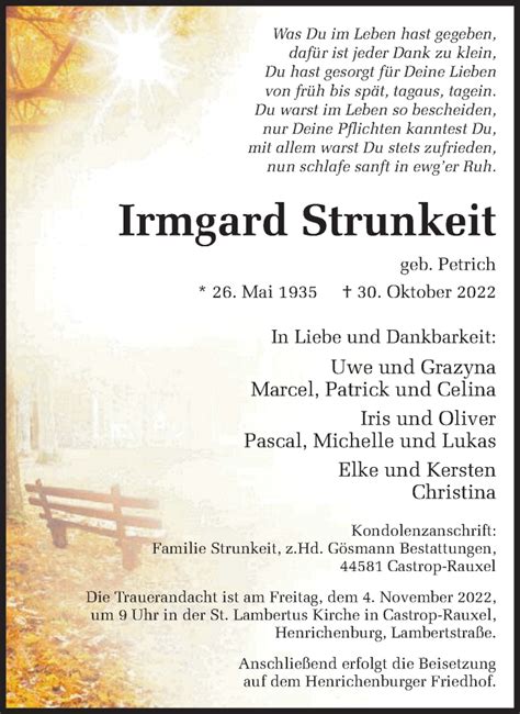 Traueranzeigen Von Irmgard Strunkeit Sich Erinnern De