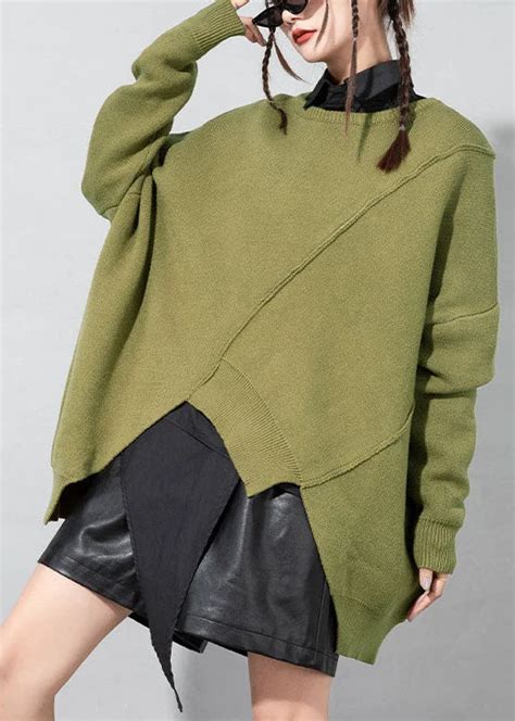 Green O Neck Patchwork Knit Sweaters Spring