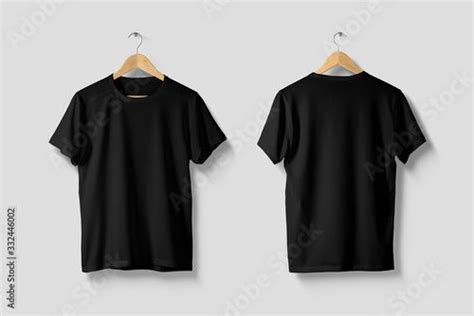 Stock Image Black T Shirt Mock Up On Wooden Hanger Front And Rear