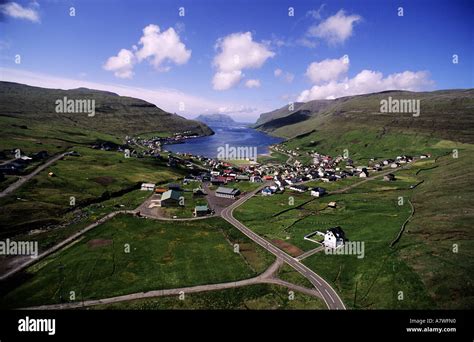 Denmark, Faroe Islands, Vagar Island, Midvagur village (aerial view ...