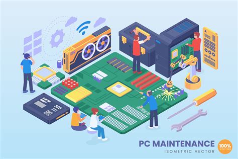 服务器维护运维主题等距概念插画 Isometric Pc Maintenance Vector Concept 设计小咖