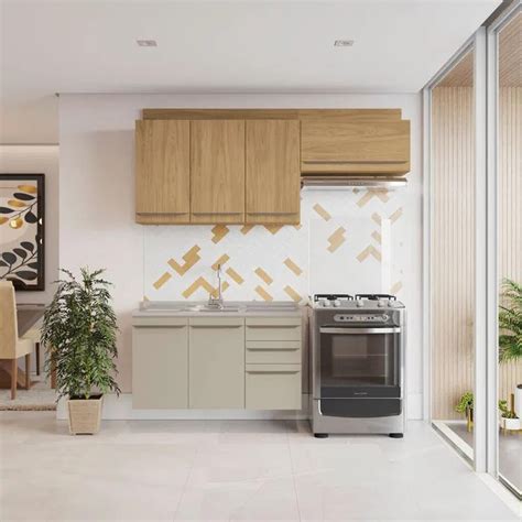 Cozinha Compacta cm Nude e Amadeirado Lilies Móveis MadeiraMadeira