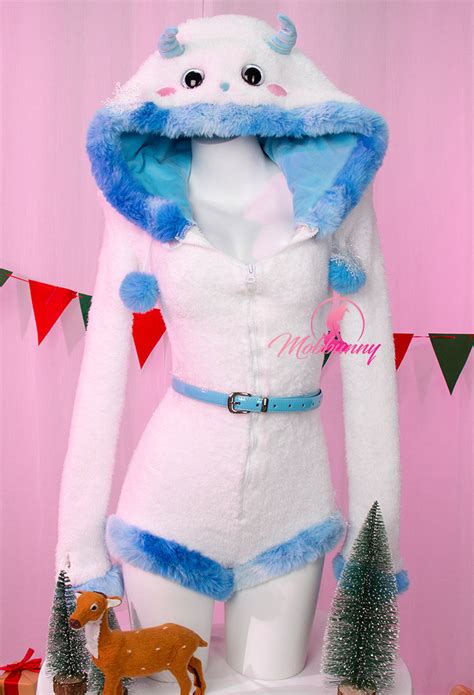 Christmas Snow Monster Fluffy Bodycon Romper Sexy Lingerie White Blue Furry Hooded Bodysuit
