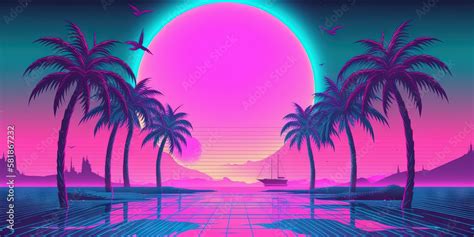 Outrun Synthwave Style S Retro Aesthetic With Palm Trees And