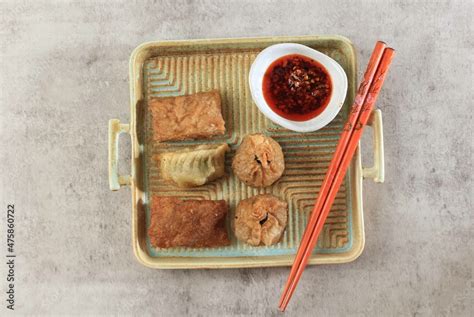 Deep Fried Dim Sum Ekado Lumpia On Rustic Square Plate Various Shape