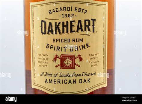 Kyiv, Ukraine - May 23, 2023: Bottle label of Oakheart Spiced Rum ...