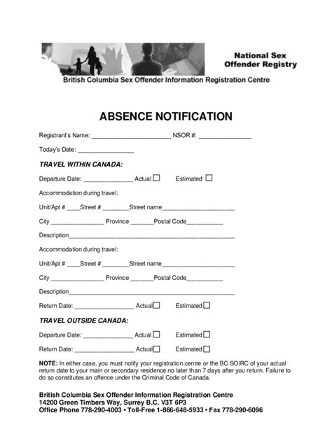 Fillable Online National Sex Offender Registry Absence Notification Form National Sex