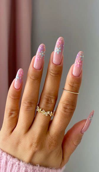 Cute Spring Nail Art Inspirations Pastel Floral Pink Almond Nails