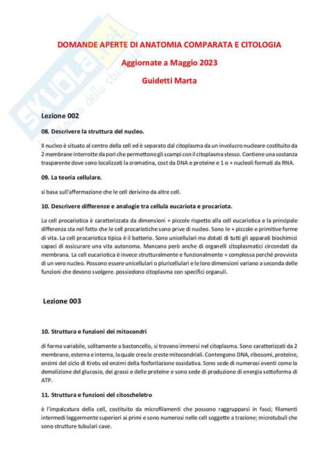 Domande Aperte Di Anatomia Comparata E Citologia
