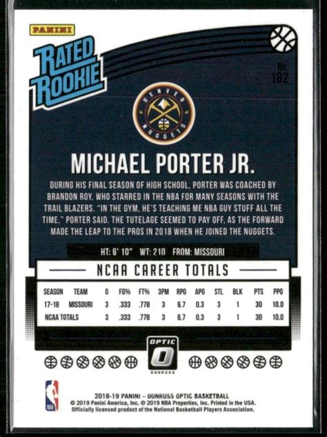 Michael Porter Jr Donruss Optic Rated Rookie Rc B Denver