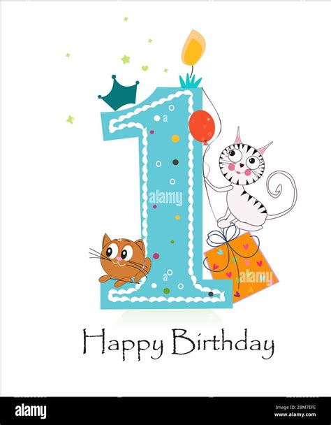 Happy first birthday with cute cats baby boy greeting card vector Stock ...