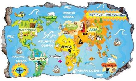 Kids Animated World Map Countries Wall Smash Crack Self Adhesive Wall ...