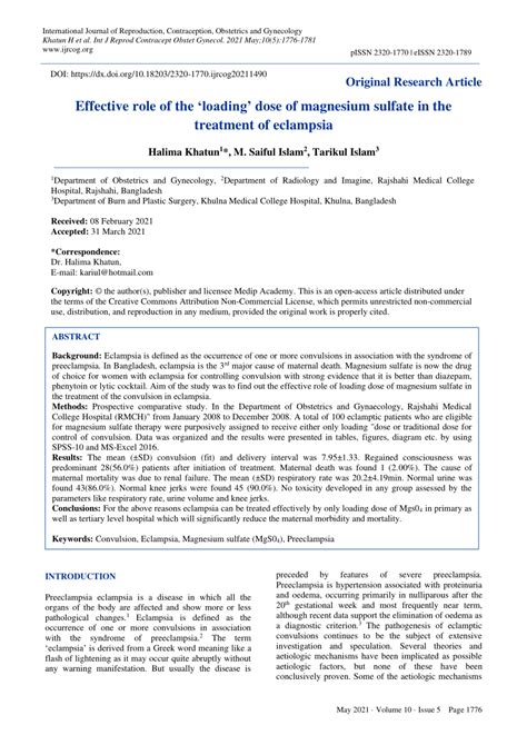 Pdf Effective Role Of The ‘loading Dose Of Magnesium Sulfate In The