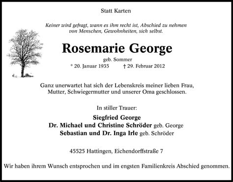 Trauer Und Todesanzeigen Von Rosemarie George Trauer De