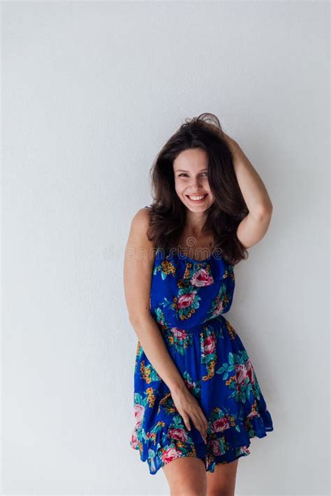 Beautiful Fashion Slim Brunette Woman In Blue Summer Dress With Flowers Stock Photo Image Of