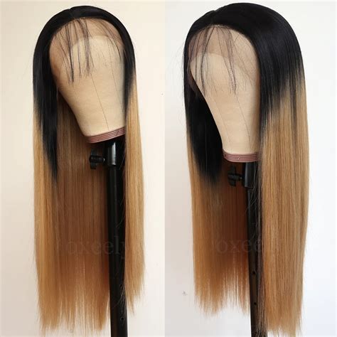 Oxeely Natural Straight Synthetic Lace Front Wig Ombre Brown Blonde