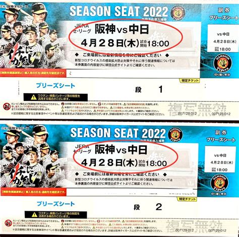 4月28日（木）阪神 Vs 中日 セール ブリーズシート2連番 甲子園球場 良席