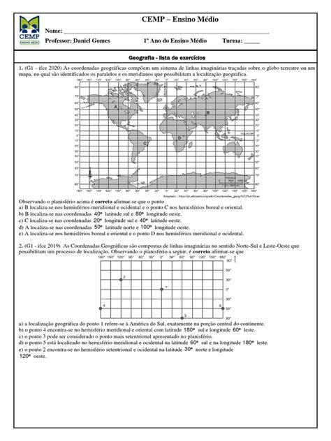 Atividades De Coordenadas Geogr Ficas Para O Ano Respostas