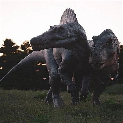 Two Large Dinosaurs Walking In The Grass