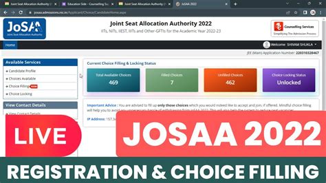 Josaa Counselling Procedure Live Registration Choice Filling