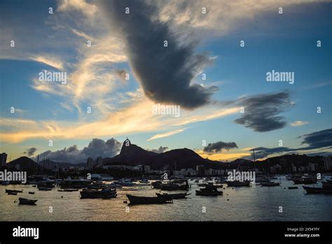 Dramatic Sunset Skies Over Corvocado Mountain And Guanabara Bay View