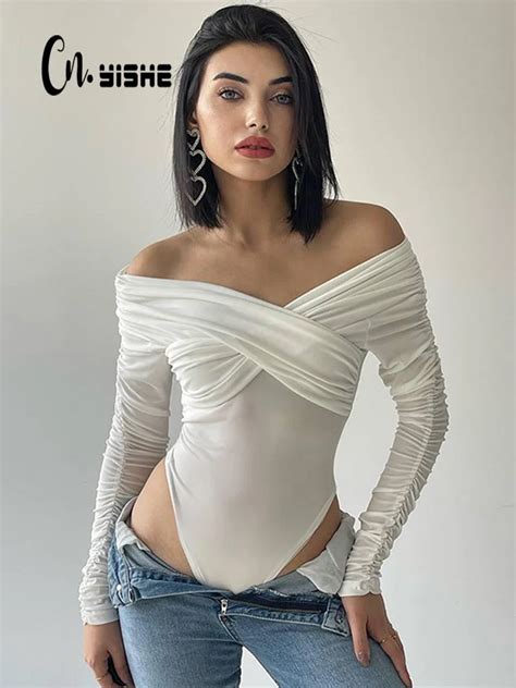 Cnyishe Folds Slash Neck Bodycon Sexy Club Women Bodysuits Sheath Long Sleeve Streetwear Fashion