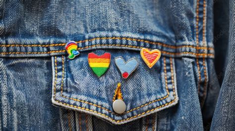 Denim Jacket Pocket With Three Rainbow Lgbt Badges Gay Pride Symbols