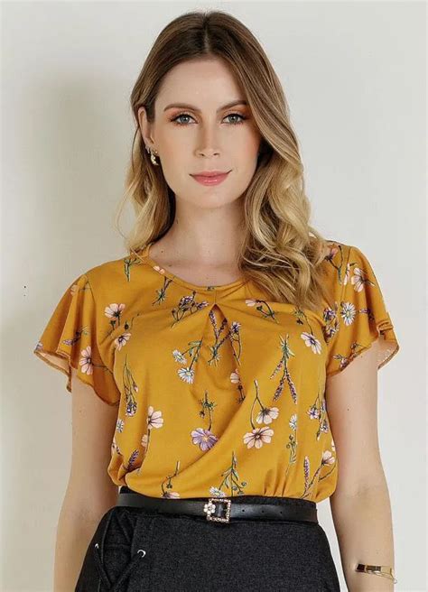 Blusa Floral Amarela Prega Moda Evang Lica Rosalie