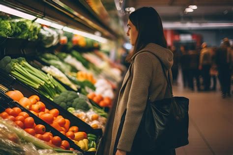 Mulher Compra Legumes E Frutas No Supermercado Mulher Compra Legumes No