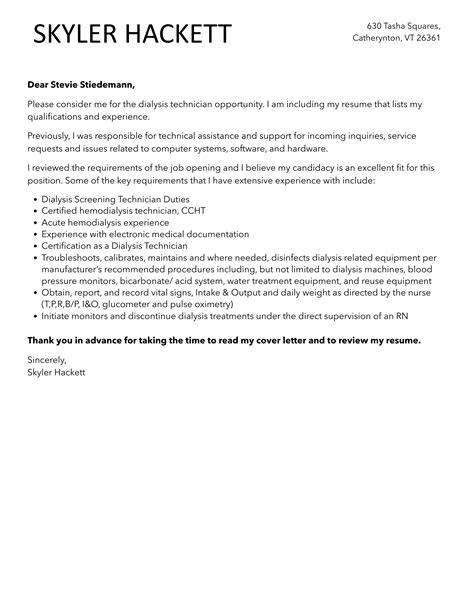 Dialysis Technician Cover Letter | Velvet Jobs