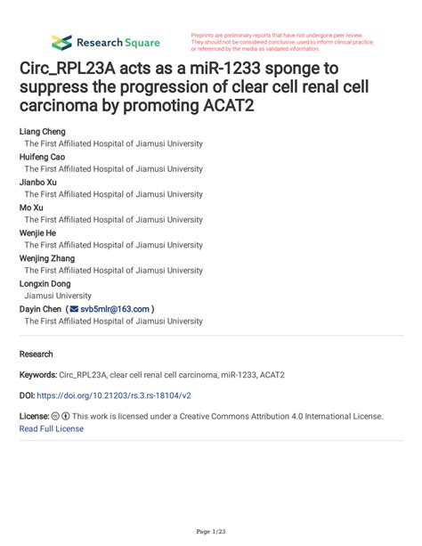 PDF Circ RPL23A Acts As A MiR 1233 Sponge To Suppress The Progression