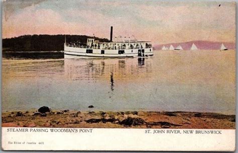 St John River New Brunswick Canada Postcard Steamer Passing Woodman