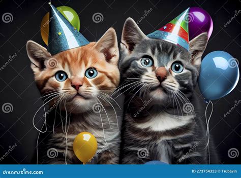 Collage Of Cats Wearing Party Hat Generative Ai Stock Illustration