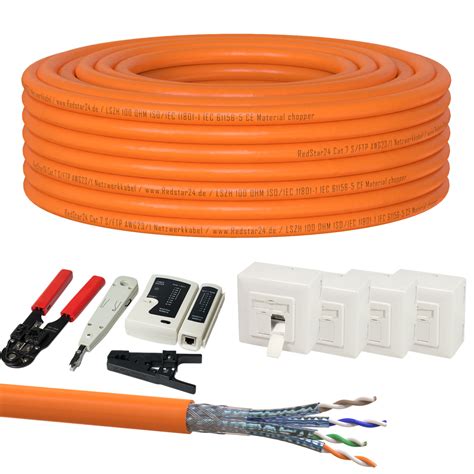 CAT 7 Verlegekabel variable Länge 15m Werkzeugset 4x Netzw 60 90