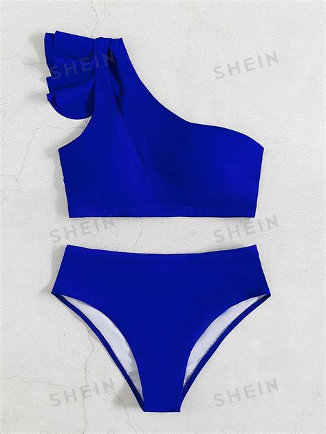 Shein Swim Vcay Mono Bikini Set Ruffle Trim One Shoulder Wireless Bra